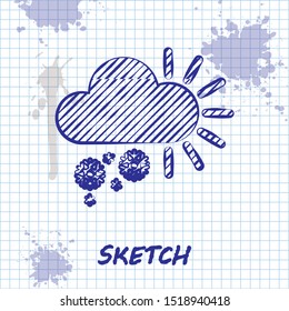 Sketch line Cloudy with snow icon isolated on white background. Cloud with snowflakes. Single weather icon. Snowing sign.  Vector Illustration