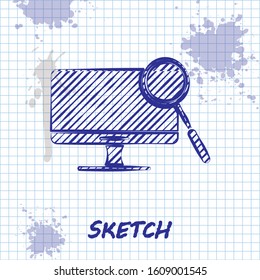 Sketch line Computer monitor diagnostics icon isolated on white background. Adjusting app, service, setting options, maintenance, repair.  Vector Illustration