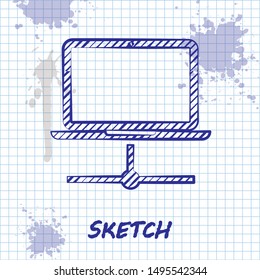 Sketch line Computer network icon isolated on white background. Laptop network. Internet connection.  Vector Illustration