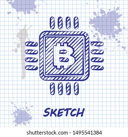 Sketch line CPU mining farm icon isolated on white background. Bitcoin sign inside microchip. Cryptocurrency mining community. Digital money.  Vector Illustration