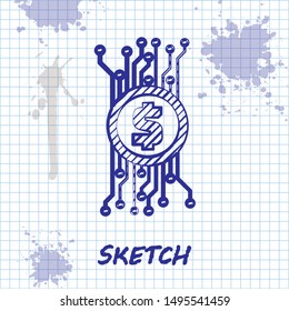 Sketch line Cryptocurrency bitcoin in circle with microchip circuit icon isolated on white background. Blockchain technology, digital money market.  Vector Illustration