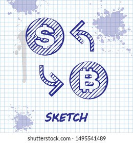 Sketch line Cryptocurrency exchange icon isolated on white background. Bitcoin to dollar exchange icon. Cryptocurrency technology, mobile banking.  Vector Illustration