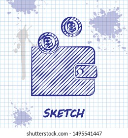 Sketch line Cryptocurrency wallet icon isolated on white background. Wallet and bitcoin sign. Mining concept. Money, payment, cash, pay icon.  Vector Illustration