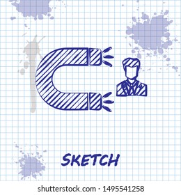 Sketch line Customer attracting icon isolated on white background. Customer retention, support and service. Customer man attracting with magnet.  Vector Illustration