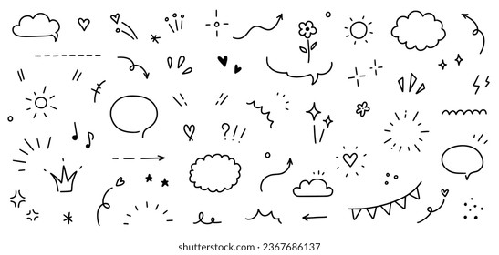 Sketch line cute element, star, heart shape. Hand drawn doodle sketch style heart, sun, star element set. Arrow, star glitter, heart text decoration symbol. Vector illustration