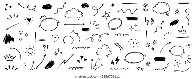 Sketch line cute star element, arrow, heart shape. Hand drawn doodle sketch style circle, cloud speech bubble grunge element set. Arrow, star sparkle, heart brush decoration. Vector illustration