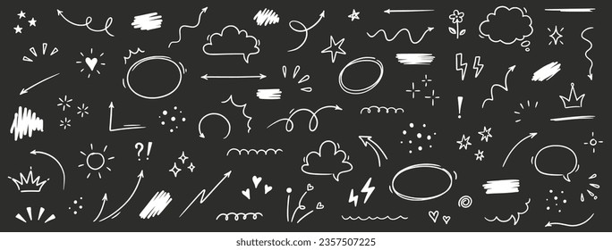 Línea de esbozo adorable elemento estrella, flecha, forma de corazón. Círculo de estilo de dibujo de dibujo manual, conjunto de elementos de grueso de burbuja de voz en la nube. Flecha, brillo de estrella, decoración de pincel de corazón. Ilustración del vector