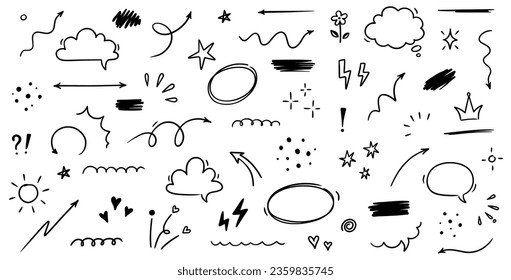 Sketch line cute star element, arrow, heart shape. Hand drawn doodle sketch style circle, cloud speech bubble grunge element set. Arrow, star sparkle, heart brush decoration. Vector illustration