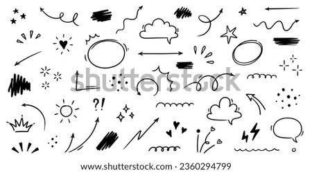 Sketch line cute star element, arrow, heart shape. Hand drawn doodle sketch style circle, cloud speech bubble grunge element set. Arrow, star sparkle, heart brush decoration. Vector illustration
