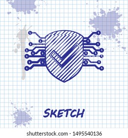 Sketch line Cyber security icon isolated on white background. Shield with check mark sign. Safety concept. Digital data protection.  Vector Illustration