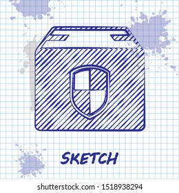 Sketch line Delivery pack security symbol with shield icon isolated on white background. Delivery insurance. Insured cardboard boxes beyond the shield.  Vector Illustration