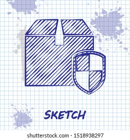 Sketch line Delivery pack security symbol with shield icon isolated on white background. Delivery insurance. Insured cardboard boxes beyond the shield.  Vector Illustration