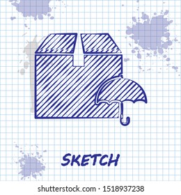 Sketch line Delivery package with umbrella symbol icon isolated on white background. Parcel cardboard box with umbrella sign. Logistic and delivery.  Vector Illustration