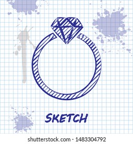 Sketch line Diamond engagement ring icon isolated on white background.  Vector Illustration
