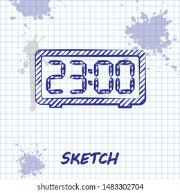 Sketch line Digital alarm clock icon isolated on white background. Electronic watch alarm clock. Time icon.  Vector Illustration