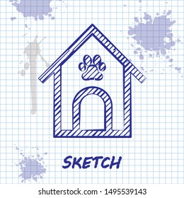 Sketch line Dog house and paw print pet icon isolated on white background. Dog kennel.  Vector Illustration