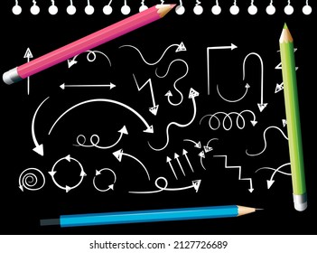 Sketch line doodles on black paper with colour pencils illustration