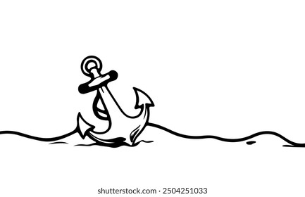 Sketch Line Drawing Silhouette of Sea Anchor. Vector Linear Drawing of Anchor Black Sketch Silhouette Isolated on White background.