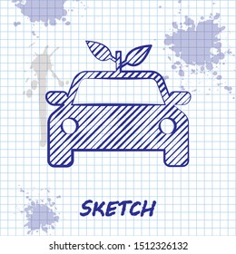 Sketch line Eco car concept drive with leaf icon isolated on white background. Green energy car symbol.  Vector Illustration