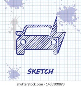 Sketch line Electric car and electrical cable plug charging icon isolated on white background. Renewable eco technologies.  Vector Illustration