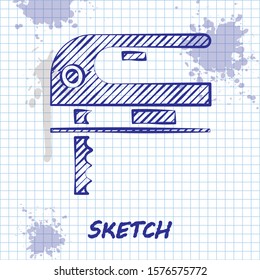 Sketch line Electric jigsaw with steel sharp blade icon isolated on white background. Power tool for woodwork.  Vector Illustration