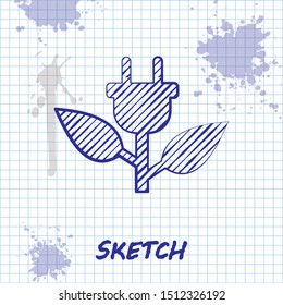 Sketch line Electric saving plug in leaf icon isolated on white background. Save energy electricity icon. Environmental protection icon. Bio energy.  Vector Illustration