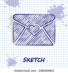 Sketch line Envelope with Valentine heart icon isolated on white background. Letter love and romance.  Vector Illustration