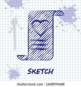 Sketch line Envelope with Valentine heart icon isolated on white background. Message love. Letter love and romance.  Vector Illustration