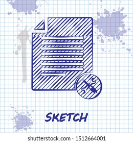 Sketch line File document with screwdriver and wrench icon isolated on white background. Adjusting, service, setting, maintenance, repair, fixing.  Vector Illustration