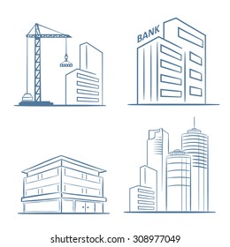 Sketch line flat design of business city architecture, commercial building and construction, bank and small firm office. Modern vector illustration concept, isolated on white background.