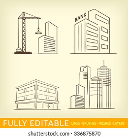 Sketch Line Flat Design Of Business City Architecture, Commercial Building And Construction, Bank And Small Firm Office. Modern Vector Illustration Concept, Isolated On White Background.