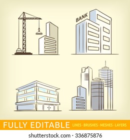 Sketch Line Flat Design Of Business City Architecture, Commercial Building And Construction, Bank And Small Firm Office. Modern Vector Illustration Concept, Isolated On White Background.