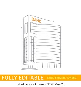 Sketch Line Flat Design Of Business City Architecture, Commercial Building And Construction, Bank And Small Firm Office. Modern Vector Illustration Concept, Isolated On White Background.