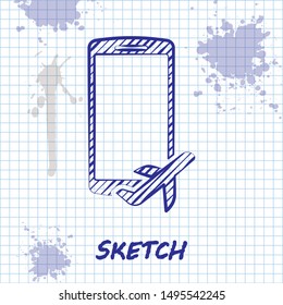 Sketch line Flight mode in the mobile phone icon isolated on white background. Airplane or aeroplane flight offline mode passenger regulation airline .  Vector Illustration