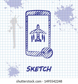 Sketch line Flight mode in the mobile phone icon isolated on white background. Airplane or aeroplane flight offline mode passenger regulation airline .  Vector Illustration