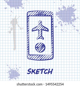 Sketch line Flight mode in the mobile phone icon isolated on white background. Airplane or aeroplane flight offline mode passenger regulation airline .  Vector Illustration