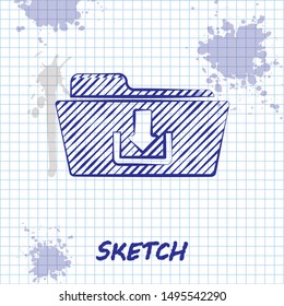 Sketch line Folder download icon isolated on white background.  Vector Illustration