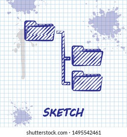 Sketch line Folder tree icon isolated on white background. Computer network file folder organization structure flowchart.  Vector Illustration