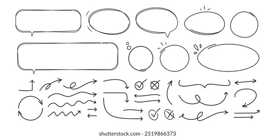 Esboçar quadros de linha, ponteiros. Seta de doodle, círculo, forma de quadro oval e quadrado, elementos de marca de seleção. Conjunto de vetores. Marcador preto à mão livre, sublinhado da caneta e símbolos de navegação.