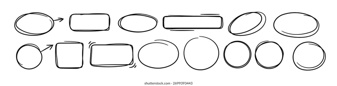 Esboçar quadros de linha, ponteiros. Seta de doodle, círculo, oval e quadro de forma quadrada, elementos de marca de seleção. Marcador preto à mão livre, sublinhado da caneta e símbolos de navegação. Conjunto de vetores. Objeto geométrico da tinta da caneta