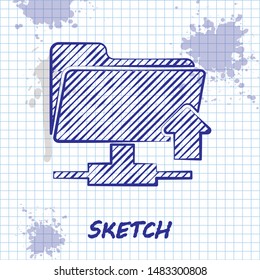 Sketch line FTP folder upload icon isolated on white background. Software update, transfer protocol, router, teamwork tool management, copy process.  Vector Illustration