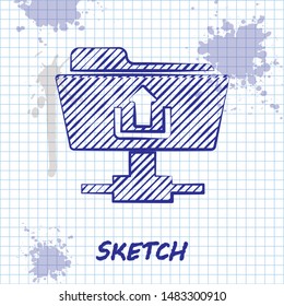 Sketch line FTP folder upload icon isolated on white background. Software update, transfer protocol, router, teamwork tool management, copy process.  Vector Illustration