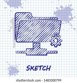 Sketch line FTP settings folder icon isolated on white background. Software update, transfer protocol, router, teamwork tool management, copy process.  Vector Illustration