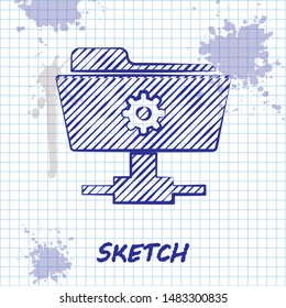 Sketch line FTP settings folder icon isolated on white background. Software update, transfer protocol, router, teamwork tool management, copy process.  Vector Illustration