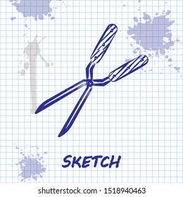 Sketch line Gardening handmade scissors for trimming icon isolated on white background. Pruning shears with wooden handles.  Vector Illustration