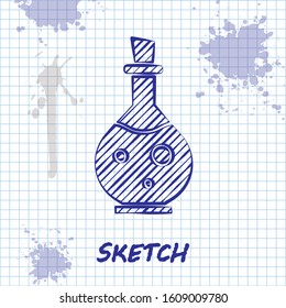 Sketch line Glass bottle with magic elixir icon isolated on white background. Computer game asset.  Vector Illustration