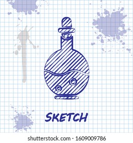 Sketch line Glass bottle with magic elixir icon isolated on white background. Computer game asset.  Vector Illustration