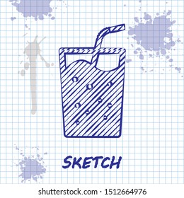 Sketch line Glass with water icon isolated on white background. Soda drink glass with drinking straw. Fresh cold beverage symbol.  Vector Illustration