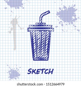 Sketch line Glass with water icon isolated on white background. Soda drink glass with drinking straw. Fresh cold beverage symbol.  Vector Illustration