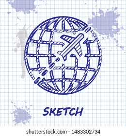 Sketch line Globe with flying plane icon isolated on white background. Airplane fly around the planet earth. Aircraft world icon.  Vector Illustration